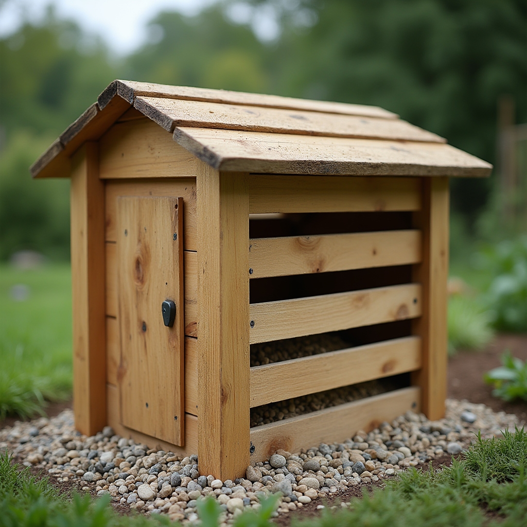 Estructura de madera de un compostador comunitario de tres cámaras en un jardín