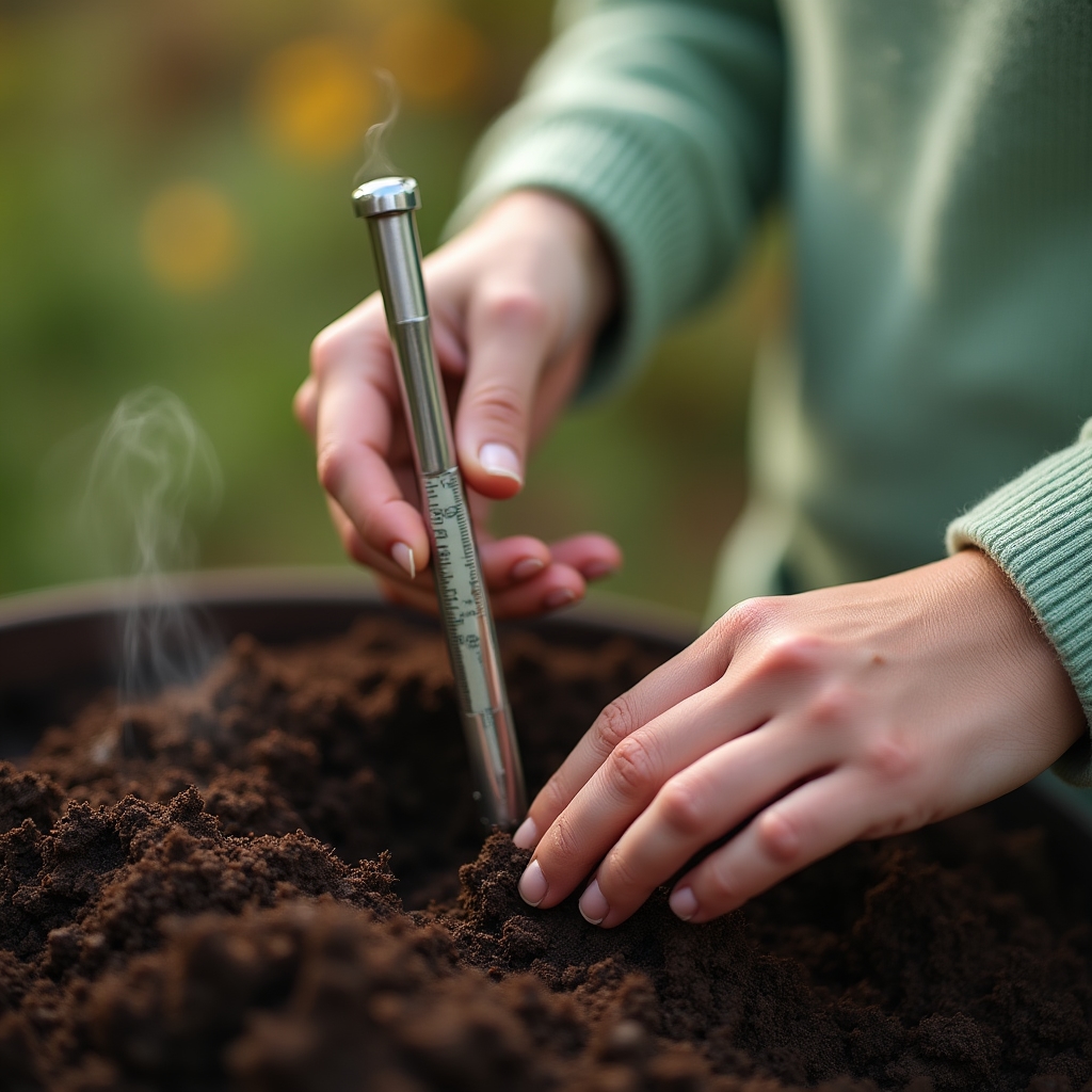Técnico comprobando la temperatura interna del compost con una sonda termómetro