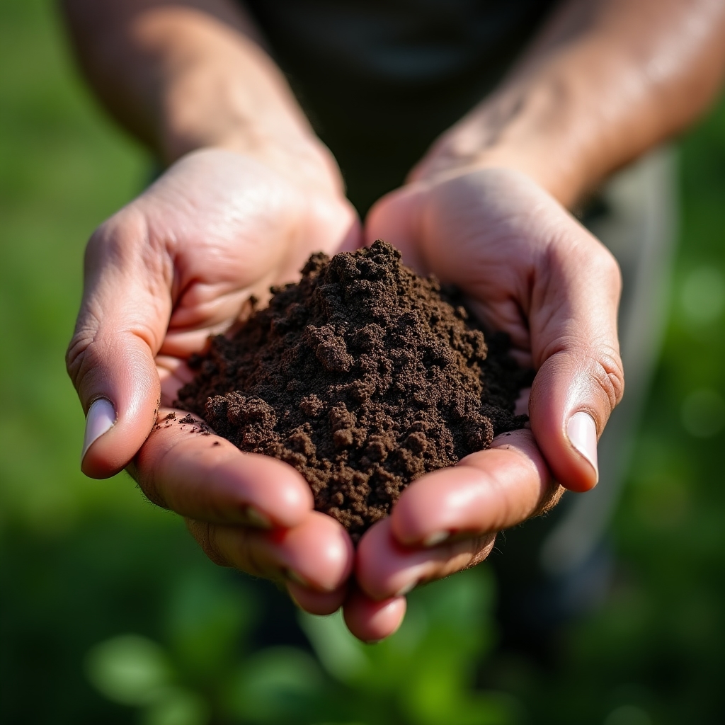 Manos sosteniendo compost maduro de textura oscura y granulada