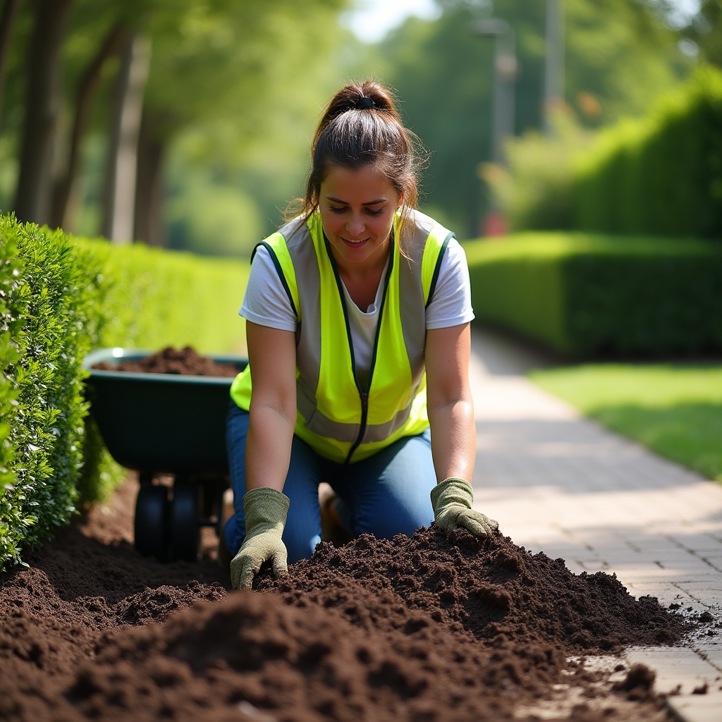 Jardinero municipal aplicando compost maduro sobre un parterre de jardín público