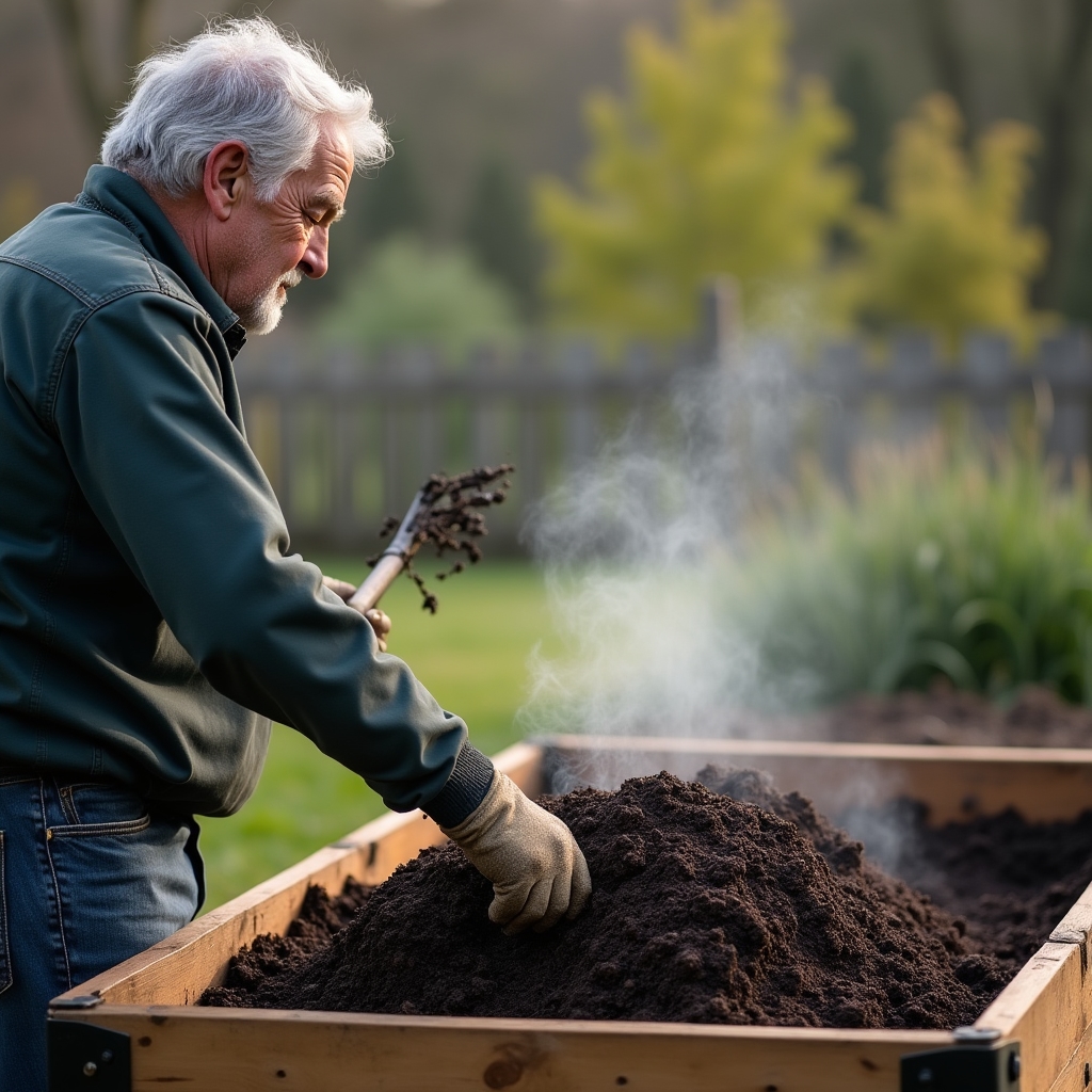 Voluntario volteando una pila de compost con una horca en un punto comunitario